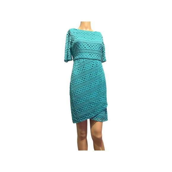 Jessica Howard Lace Short sleeve Tulip Hem Sheath Dress Turquoise Size 4P NWT - Picture 3 of 13